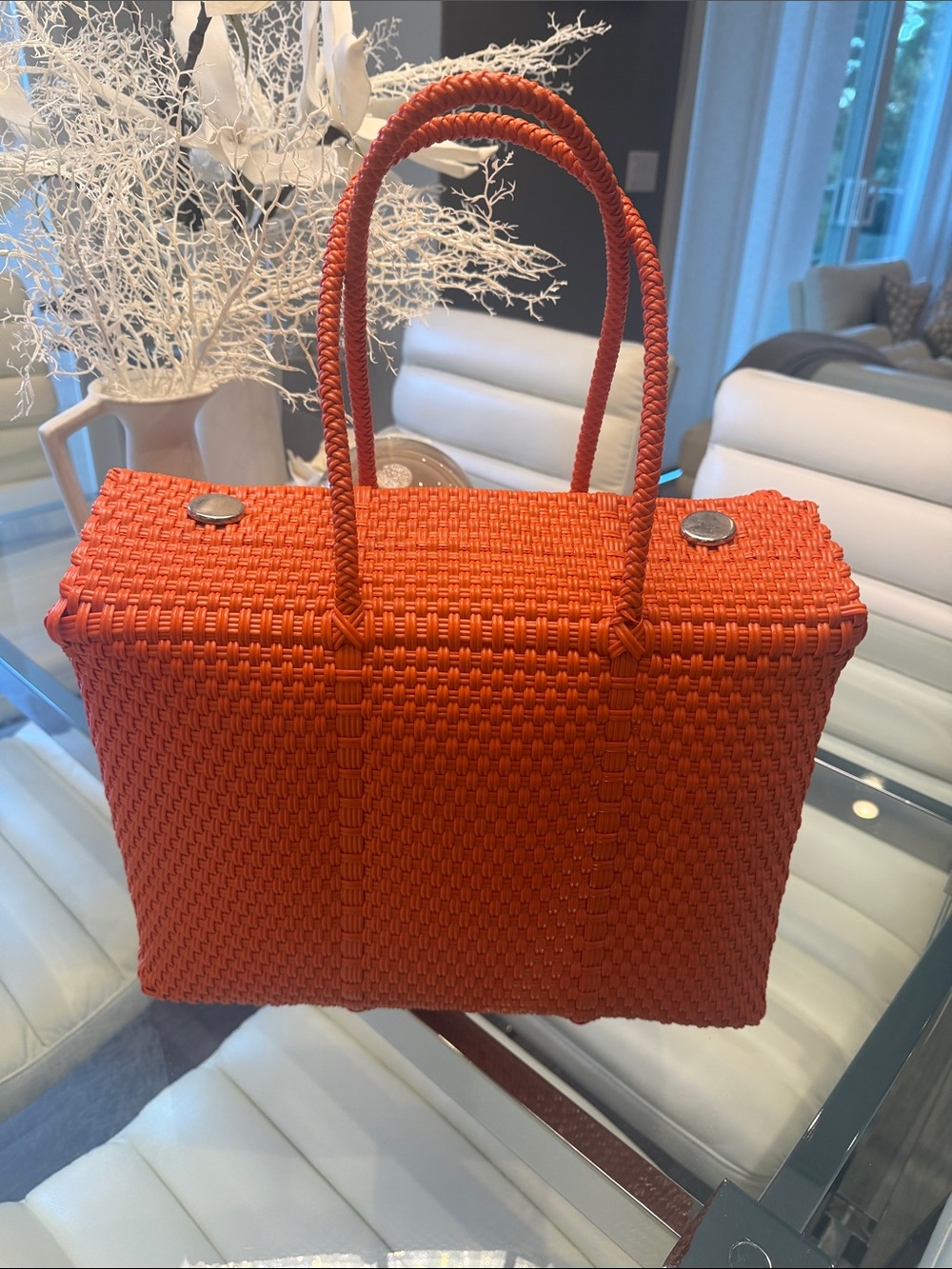 Handmade Woven Plastic OrangeTote Bag – Classic Handled